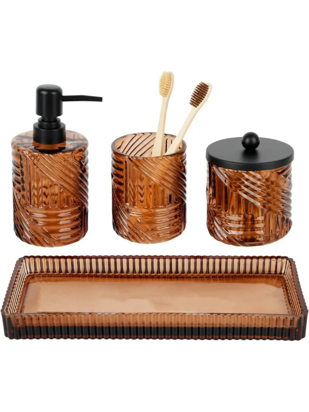 Stylish Amber Glass Bathroom Accessories Set - 4 Pcs Lotion Dispenser